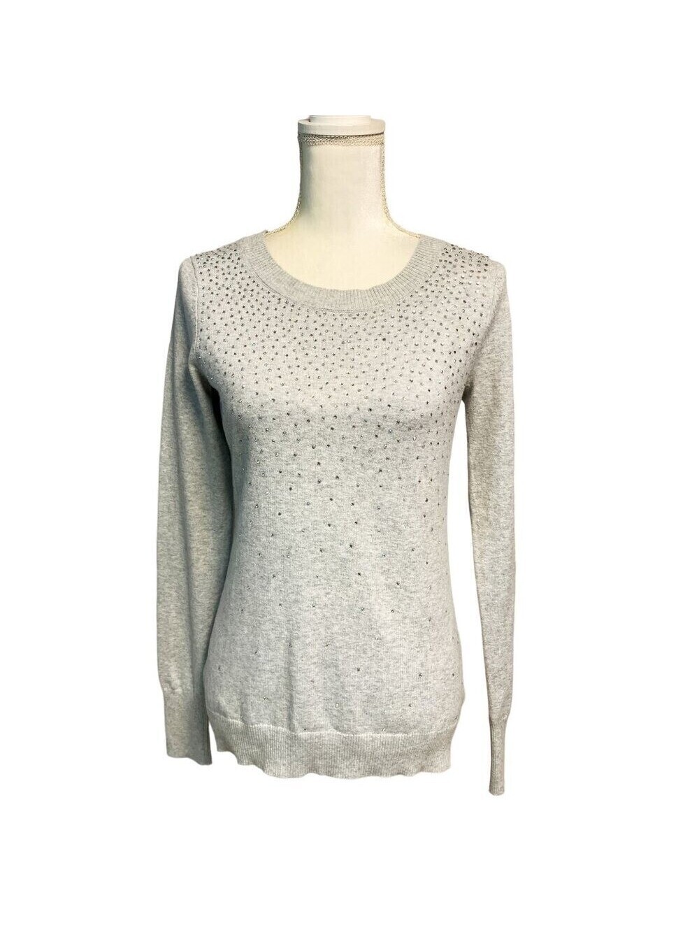 Express Womens Gray Rhinestone Studded Long Sleeve Crew Neck Sweater Size S